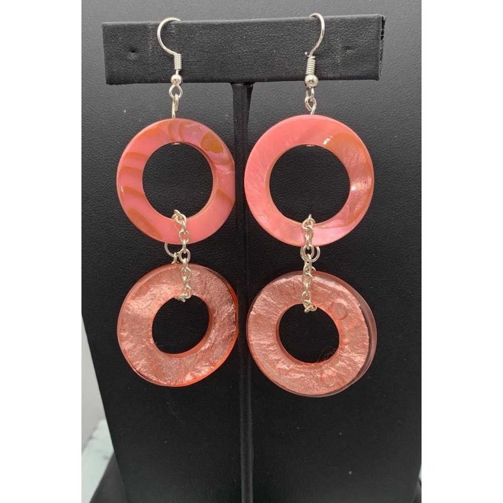 Silver Tone And Dyed Pink Shell And Sparkly Acrylic Dangle Earrings